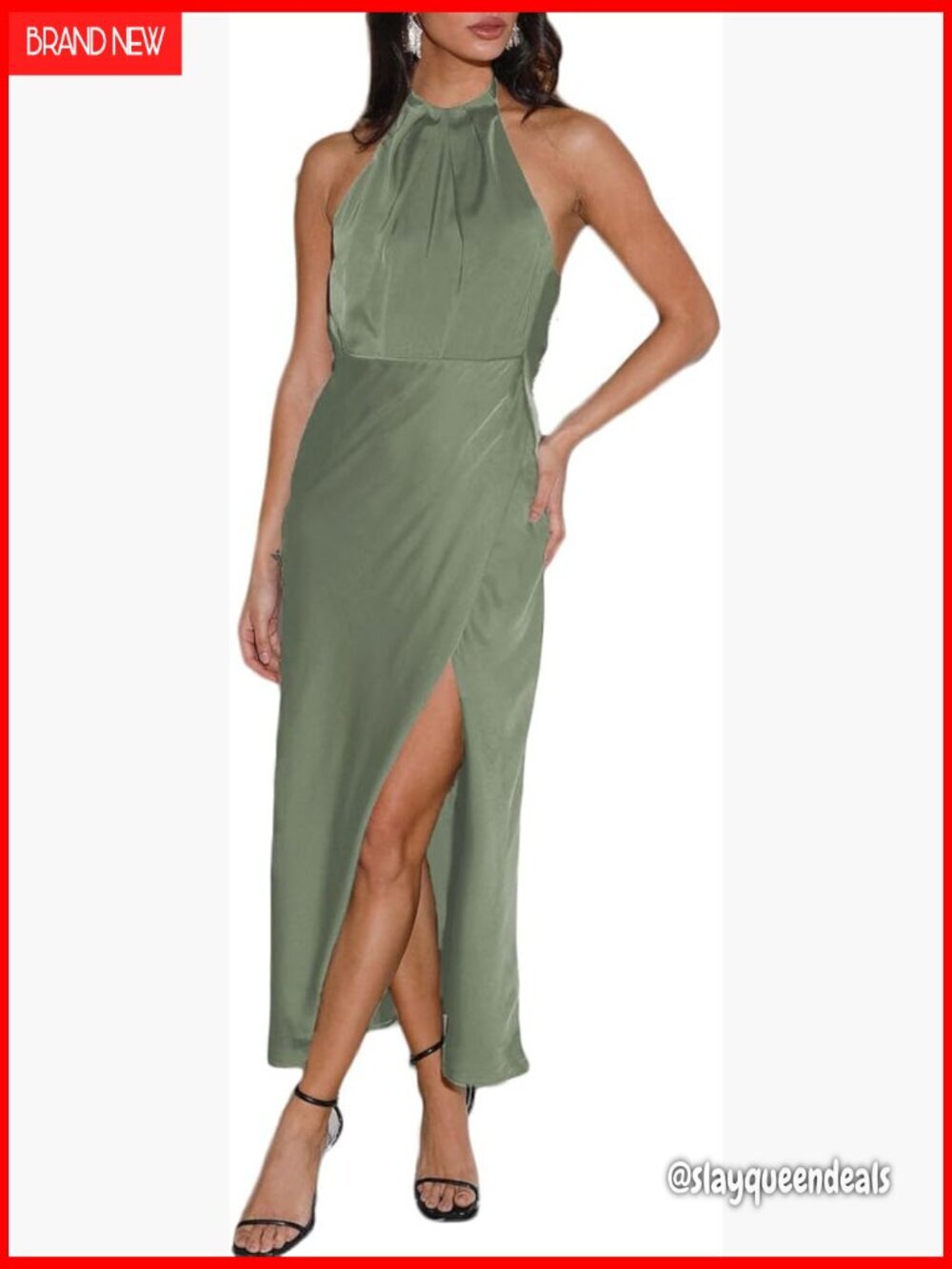 Satin Halter Backless Midi Dress with Side Slit Formal Wedding Guest
